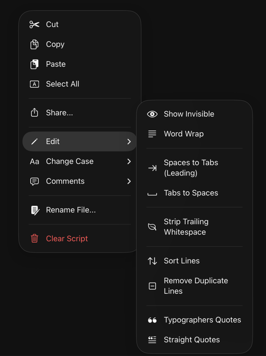 script panel context menu Edit