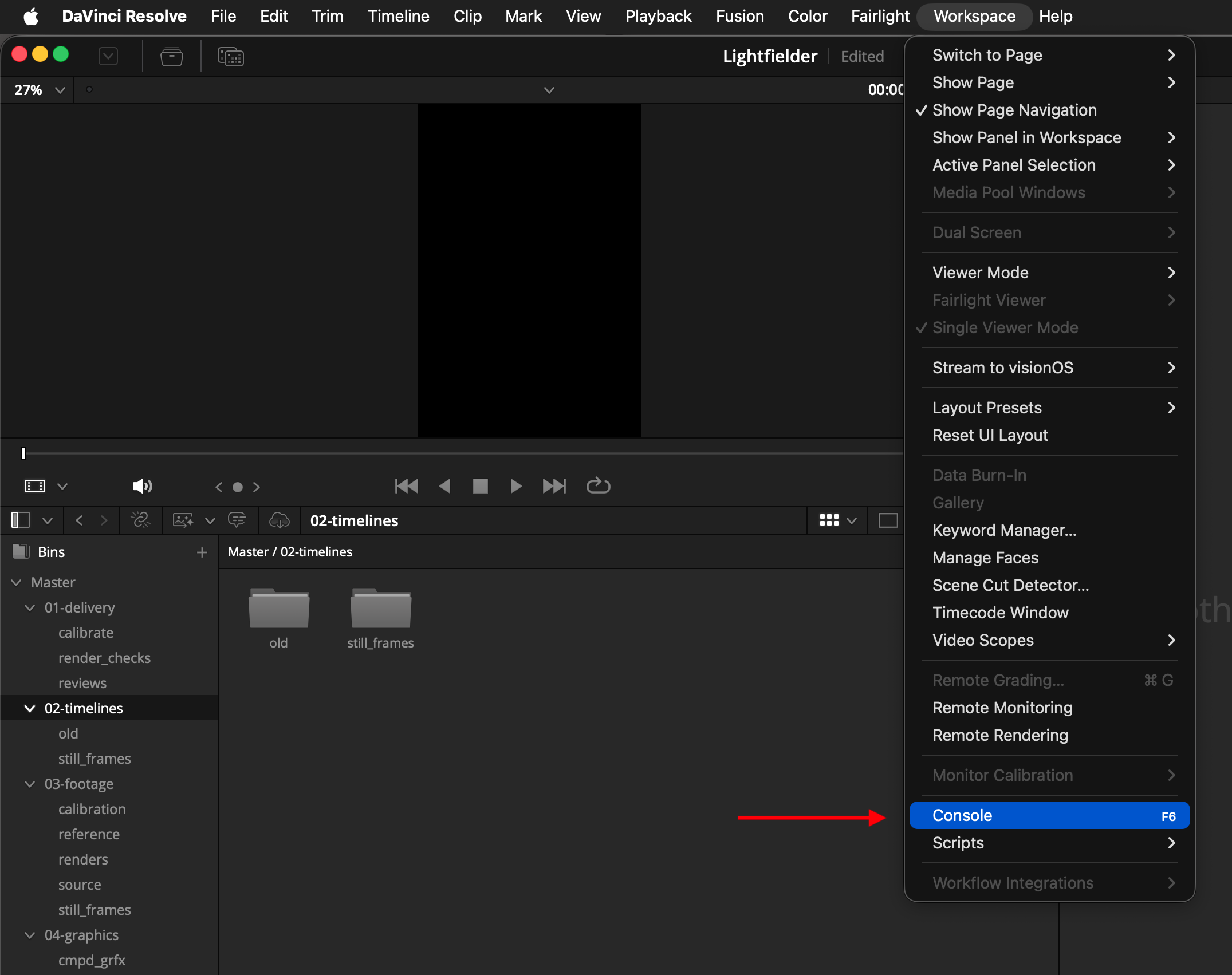 Resolve Console Menu Item