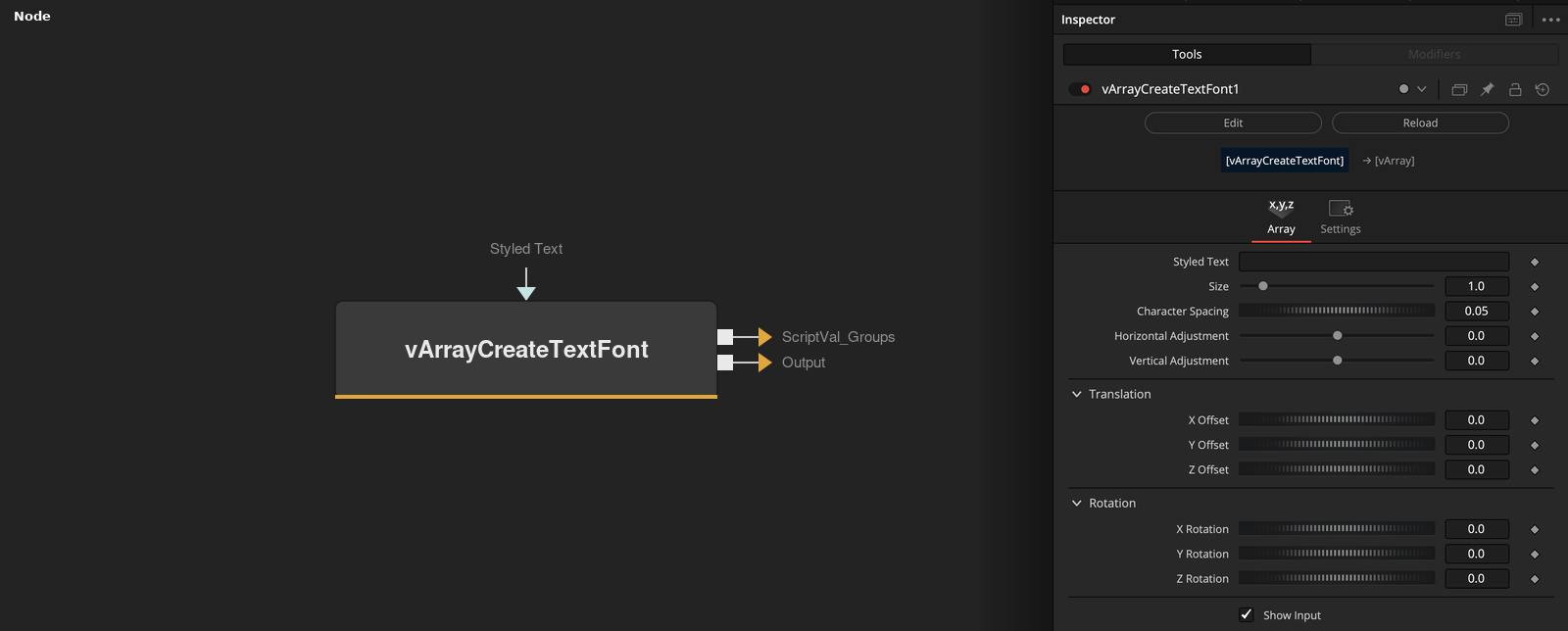 vArrayCreateTextFont node